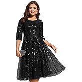 Ever-Pretty Women's Sequin Cocktail Party Dress Empire Waist A Line Plus Size Midi Formal Wedding Guest Dresses