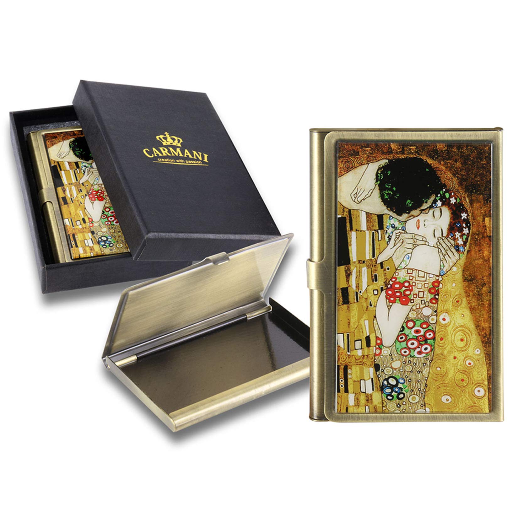 CARMANI - Gustav Klimt 'The Kiss' - Brass Metal, Business, Name, Credit, ID Card Organizer, Card Case