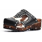 XOBZJH Platform Vintage Rivet Design Clogs for Women with Arch Support – Natural Calf Hair & Leather Patchwork Upper, Leather-Lined Slip-On Mules for All Day Comfort