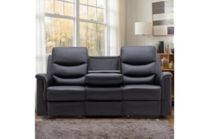Consofa Reclining Sofa, 3 Seater Recliner Sofa with Flipped Middle Backrest,Cup Holder, Loveseat Recliner Sofa PU Leather Manual Reclining Couch for Living Room, Home Theater Seating