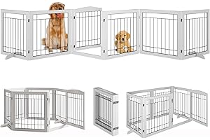 Vantas Folding Pet Gate 144" Wide, 30" Tall No-Assembly Wooden Dog Gate with Door Walk Through, Freestanding Wire Pet Gate, Pet Puppy Safety Fence, with 2PCS Support - White