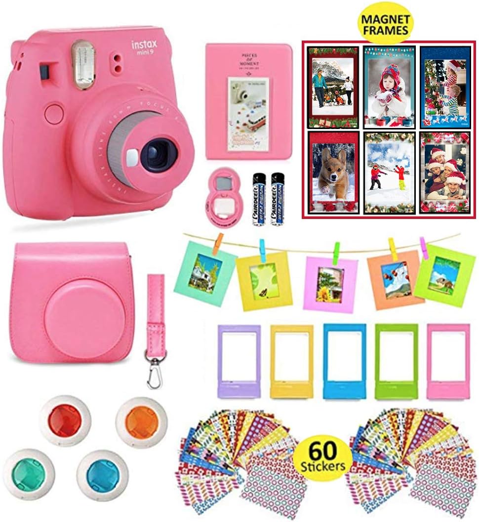 Fujifilm Instax Mini 9 Instant Camera with Accessories | Bundle of Soft Leather Case + Mini Photo Album + 6 Christmas Magnet Frames + 4 Colored Lenses + Selfie Lens + 10 Photo Frames + Stickers + More