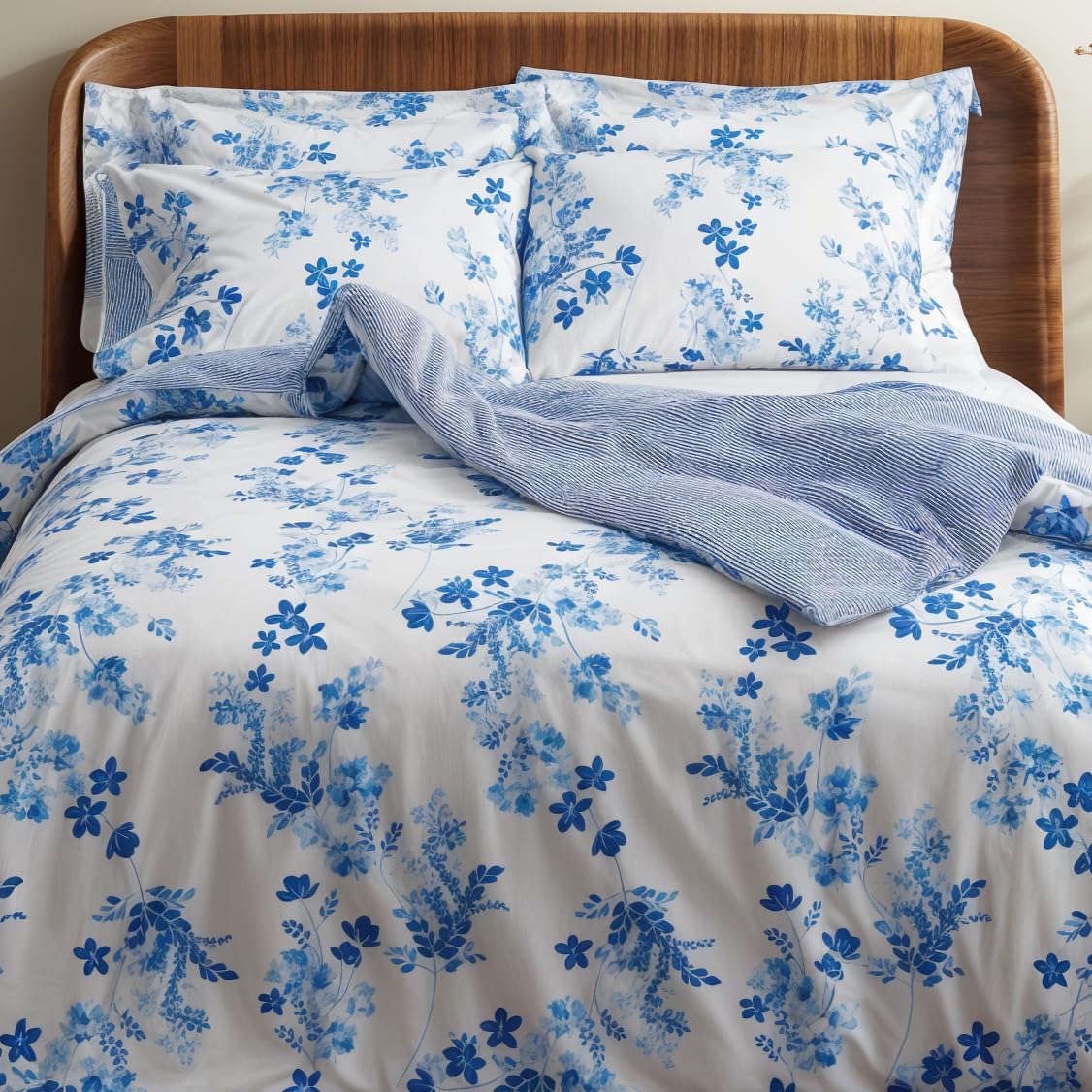 LERUUM Bedding Sets Double Cotton Duvet Cover Reversible Blue Floral Striped Pattern Quilt Cover Bed Set (Blue Double Bed Set)