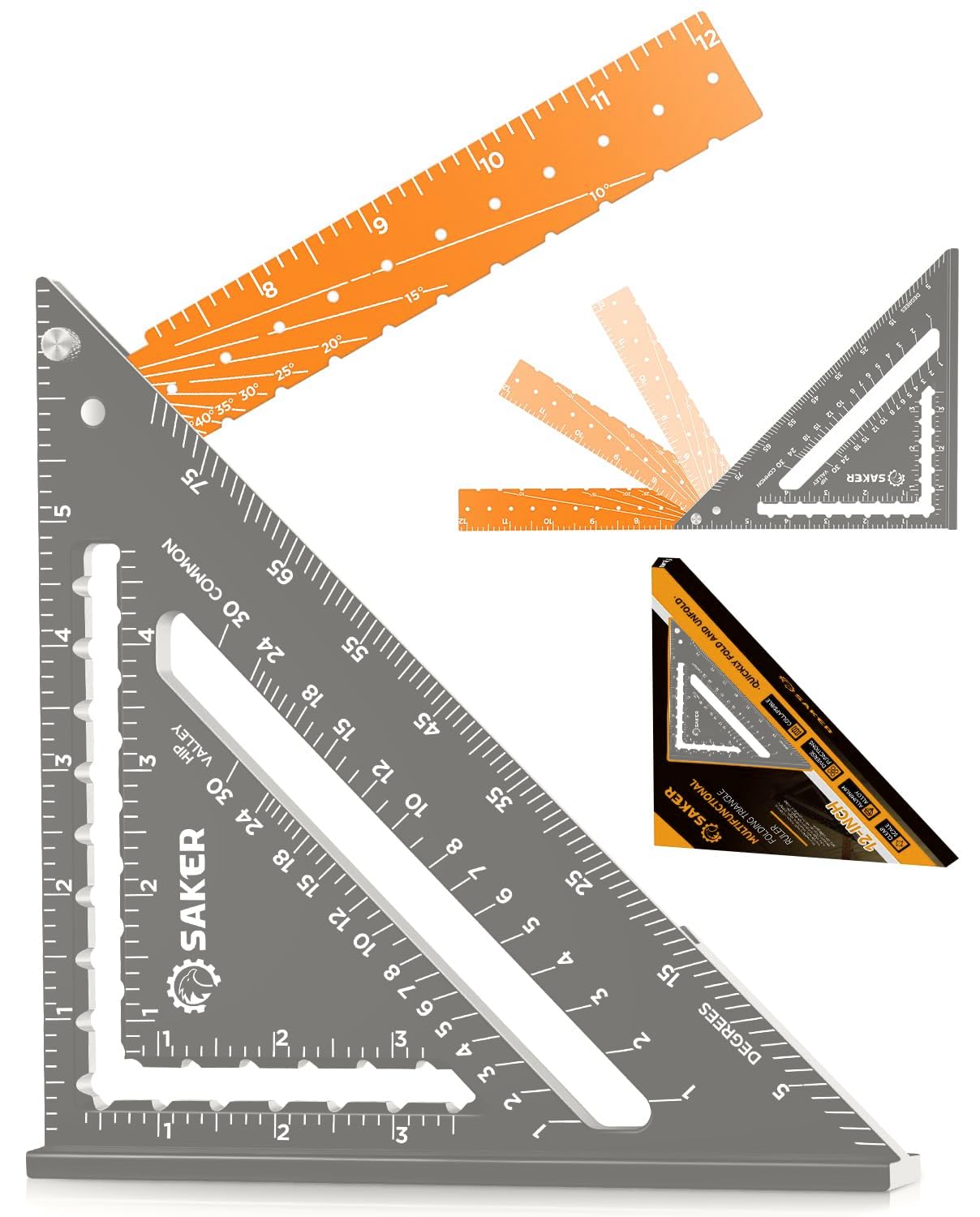 Saker Saker 12-inch Folding T-Shape Triangle Ruler for Measurement and Layout, Versatile Carpenter Square, Rafter Square Tool for Drawing Angles and Contours in Woodworking