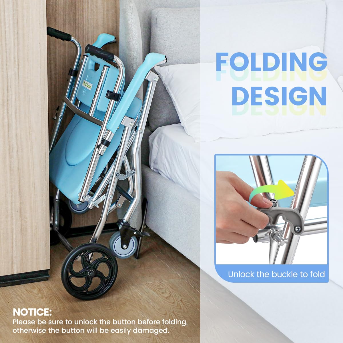 OasisSpace Folding Shower Commode Wheelchair - 300lbs Bedside Commode with Padded Seat, Waterproof Rolling Shower Chair with Arms and Backrest, Shower Chair with Wheels (FSA or HSA Eligible)
