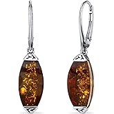 PEORA Genuine Baltic Amber Designer Gallery Pendant Necklace, Earrings and Bracelet in Sterling Silver, Rich Cognac Color, 100% Natural from Baltic Region, Real Baltic Amber Jewelry for Adults