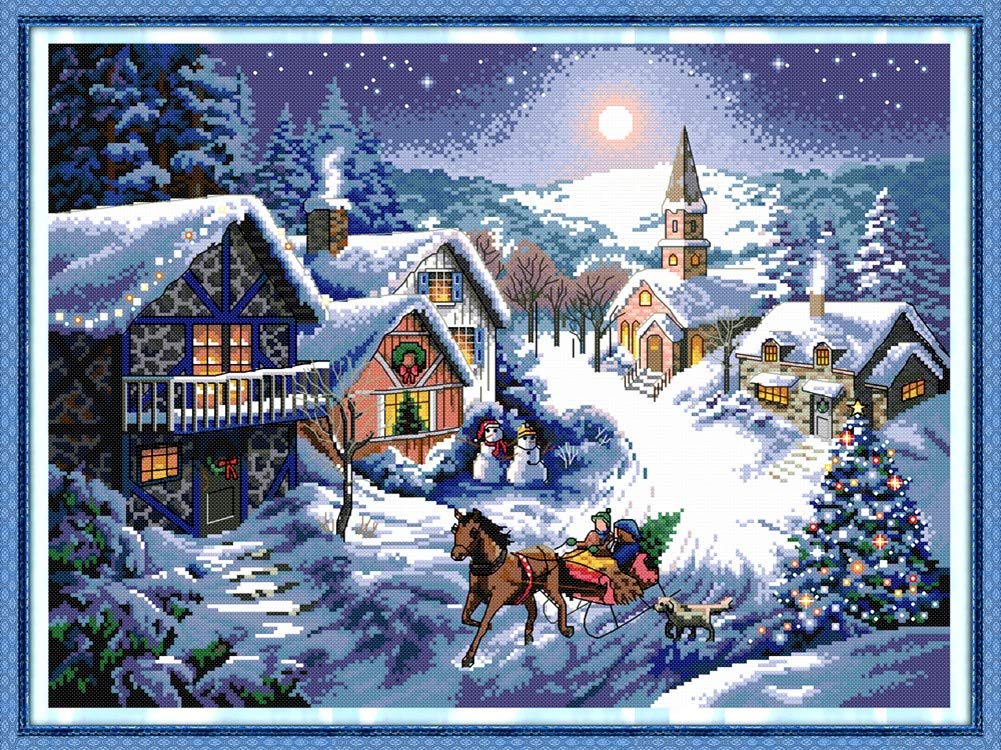Cross Stitch Kits, Awesocrafts Dusk in The Snow Easy Patterns Cross Stitching Embroidery Kit Supplies Christmas, Counted (Dusk, Counted)