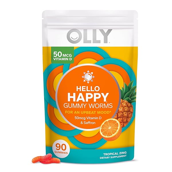 OLLY HELLO HAPPY GUMMY WORMS, MOOD BALANCE SUPPORT, VITAMIN D, SAFFRON, ADULT CHEWABLE SUPPLEMENT, GLUTEN FREE, TROPICAL ZING – 90 COUNT