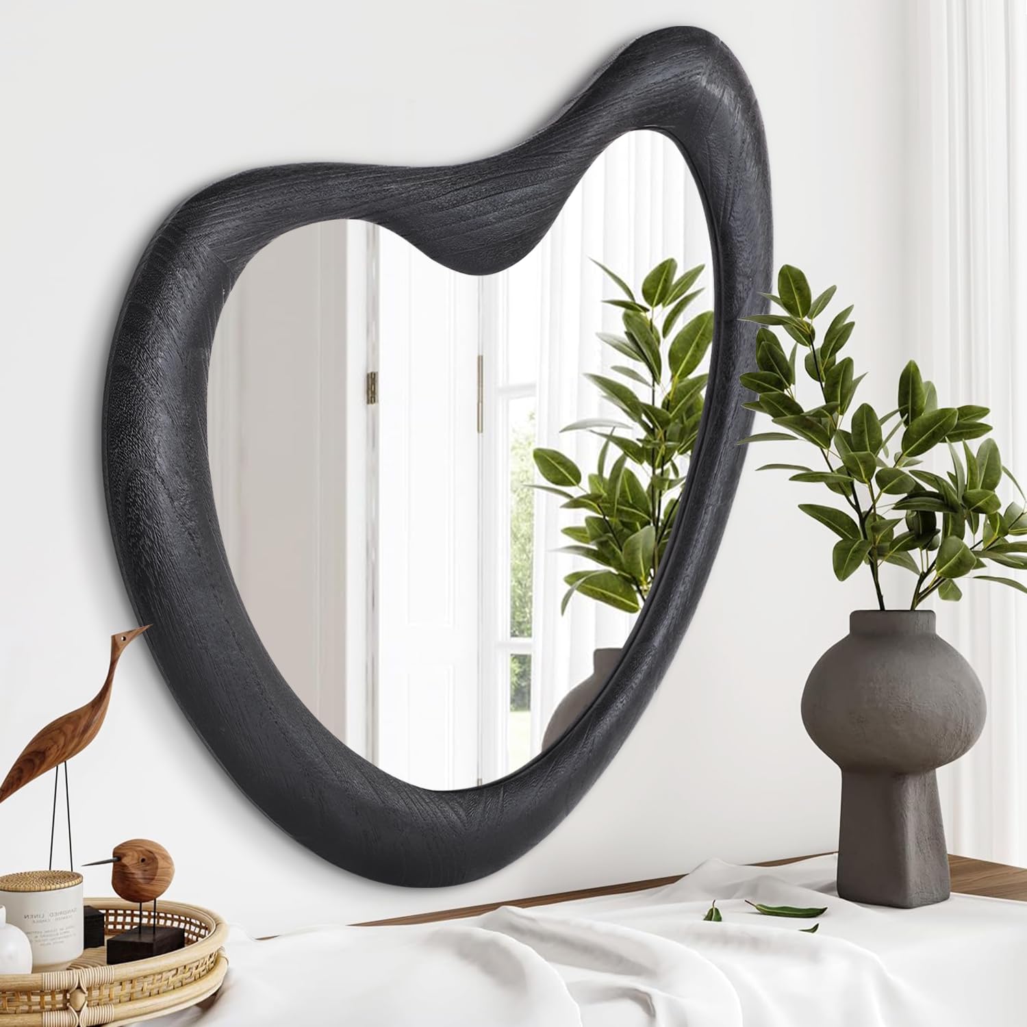 HLFMVWE Irregular, Asymmetrical Wooden Black Framed Mirror for Living, Bedroom, Entryway, Bathroom - Modern Decorative Wavy Mirror, 65 x 45cm