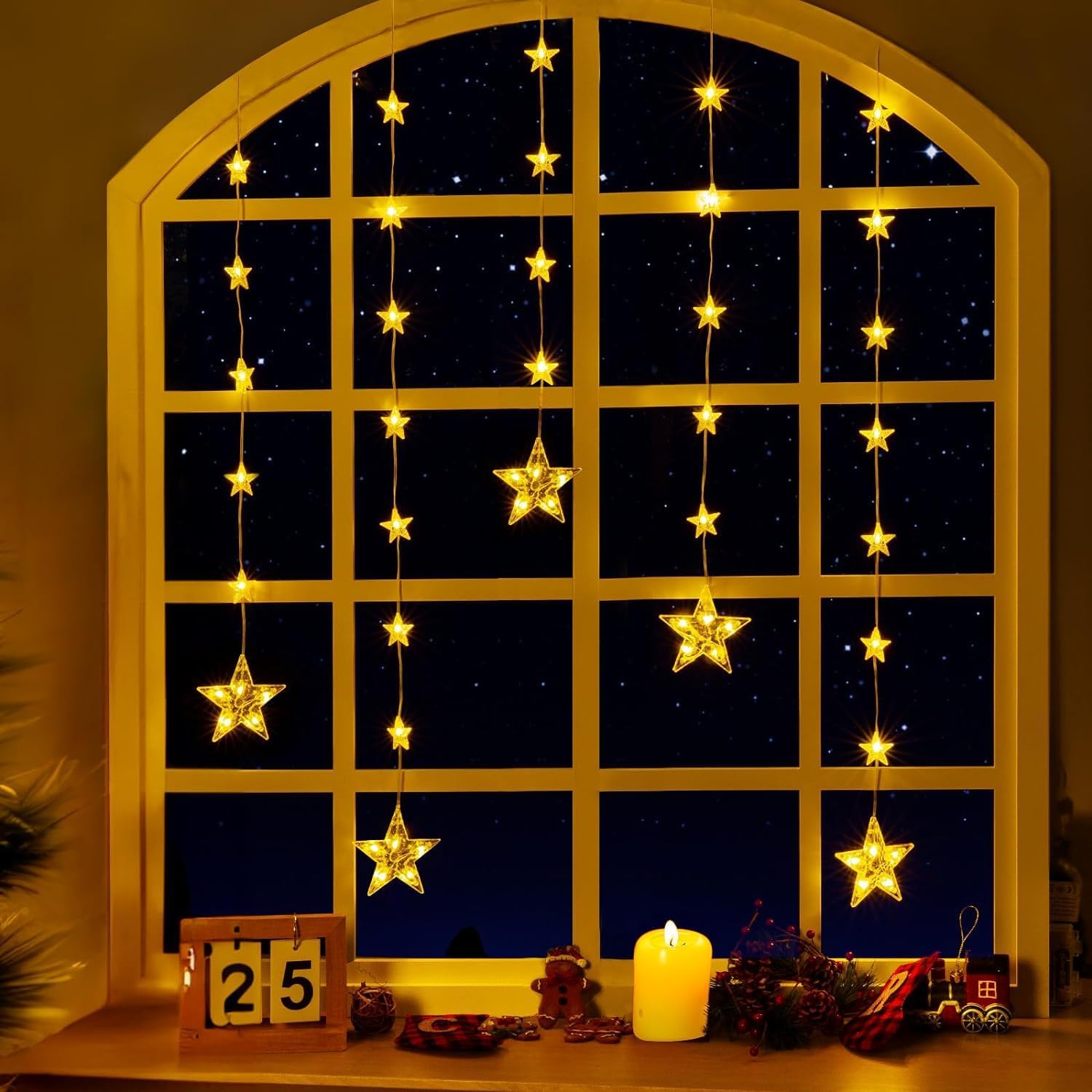 String Lights - Marchpower 32 Stars Curtain Lights Battery Operated, Warm White Multicolor Christmas Star Window Lights with Timer & Memory Function & 8 Modes, IP65 Color Changing Curtain Lights for Window Decoration
