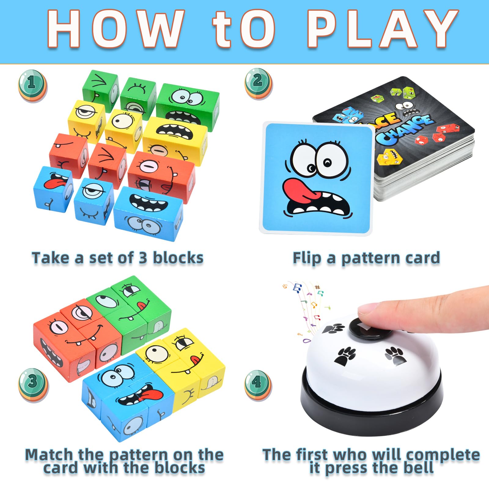 Wooden Face Changing Magic Cube Game, Expression Puzzle Building Blocks Pattern Matching Game, Educational Puzzles Toy Board Games for Kids and Adults with Bell