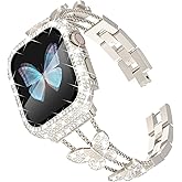 WINGLE Bling Band and Case for Apple Watch Band Women 38mm Series 3 2 1, Butterfly Diamond Metal Band Rhinestone Crystal Bracelet Jewelry Chain with Sparkle Screen Protector Case, 38 mm Starlight