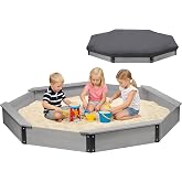 85''x78''x9'' Wooden Octagon Sandbox with Cover, Large Sandpit for Kids Outdoor Patio Backyard Play, Easy &amp; Quick Assemble
