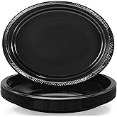 BONSINY Black Plastic Plates 12 inch x 10 inch- Oval Black Plates Disposable for Party Birthday Picnic BBQ Easter Graduation (50 Count)