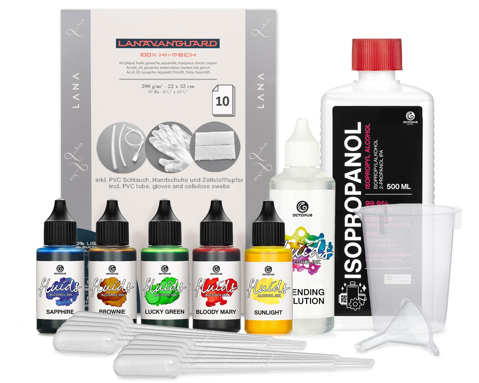 5 x 30 ml Octopus Fluids Alcohol Ink Complete Kit Circle with Blending Solution, Alcohol Ink Paper and Supplies for Fluid Art