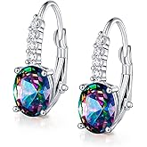 Drop Earrings for Women|6x8mm Oval-shaped Gemstone Halo CZ Dangle Earrings|18K White Gold Plated Drop Earrings Hypoallergenic Jewelry Gift
