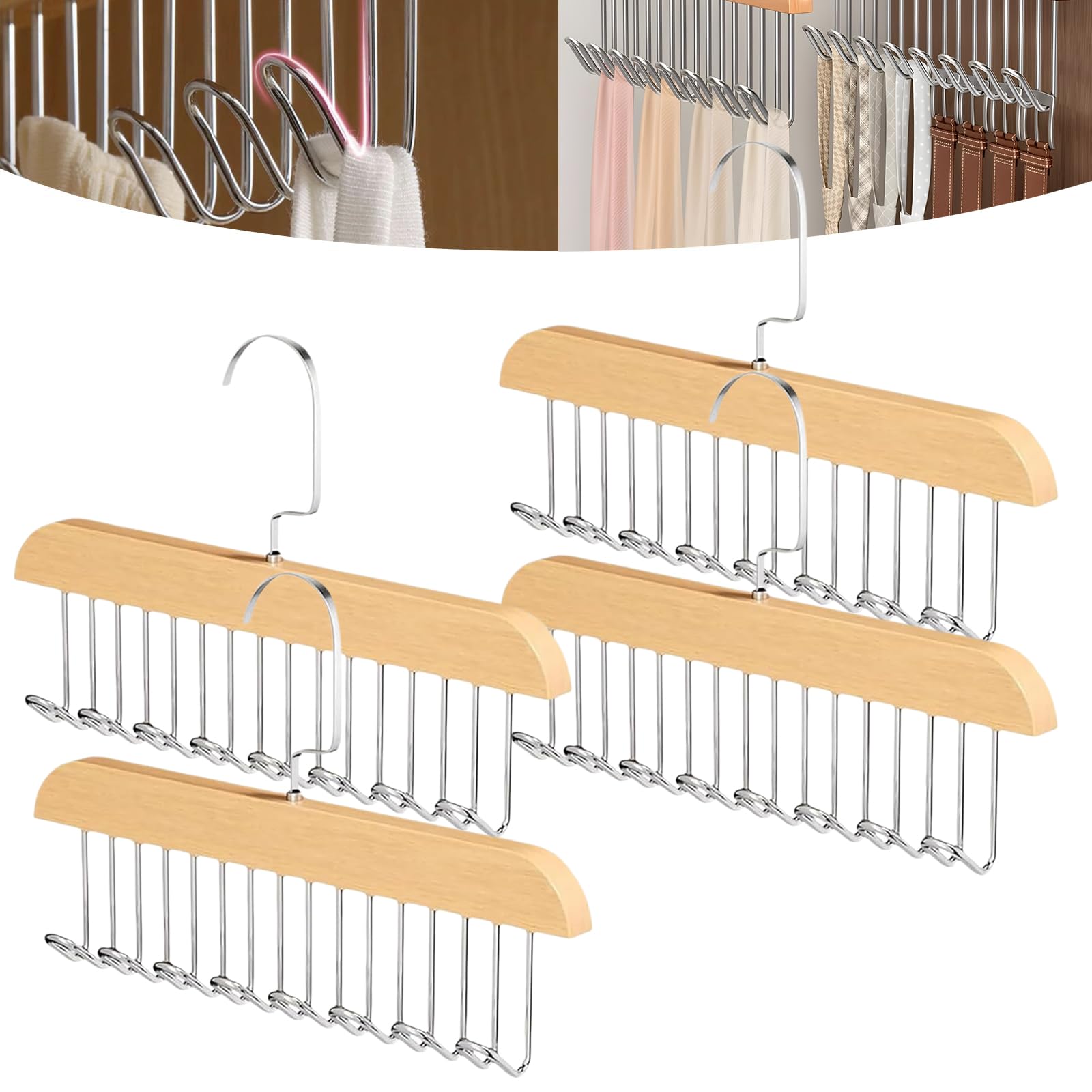 Photo 1 of 4 Pack Tie Hanger for Closet, Wooden Tie Rack Hangers for Men with 8 Hooks, Space Saving Tie Holder Organizer,Closet Storage for Ties,Belts,Bras,Scarves,Tank Tops