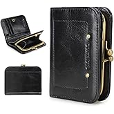 CONTACTS Full Grain Leather Kiss Lock Wallet for Women Kiss Clasp Coin Purse Slim Vintage Bifold Card Holder Small RFID Wallet (Black)