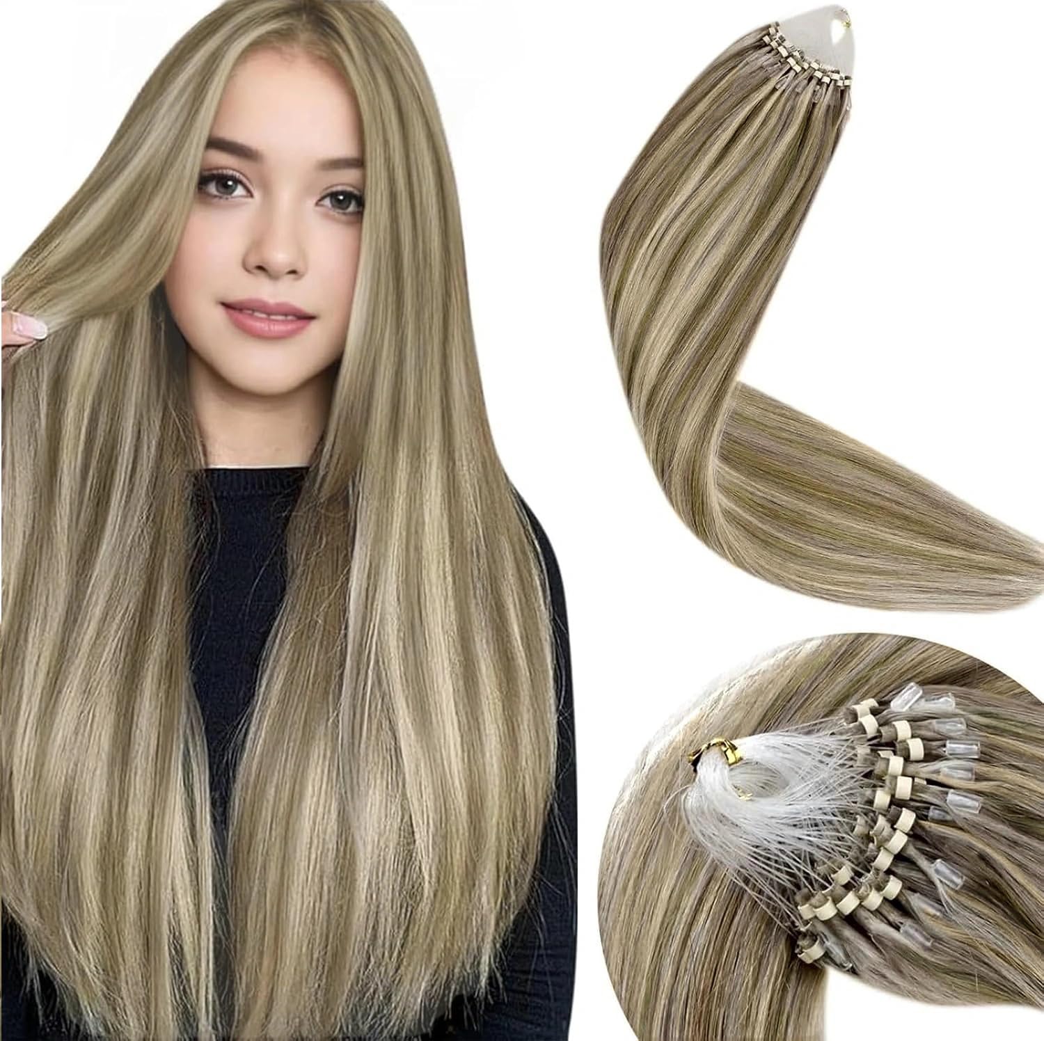 LaaVoo Micro Ring Hair Extensions Real Human Hair Blonde Remy Straight Highlight Light Brown & White Blonde Invisible Micro Beads Hair Extensions 50g 50s 18 Inch #p8/24