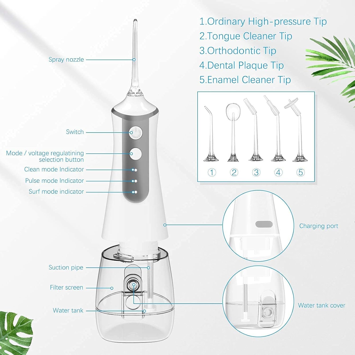 SOOSISI Water Flosser Cordless Teeth Cleaner Dental Oral Irrigator Power Dental Flossers IPX6 Waterproof Teeth Cleaner with 5 Interchangeable Jet Tips Detachable Water Tank for Home Travel: Health & Personal Care