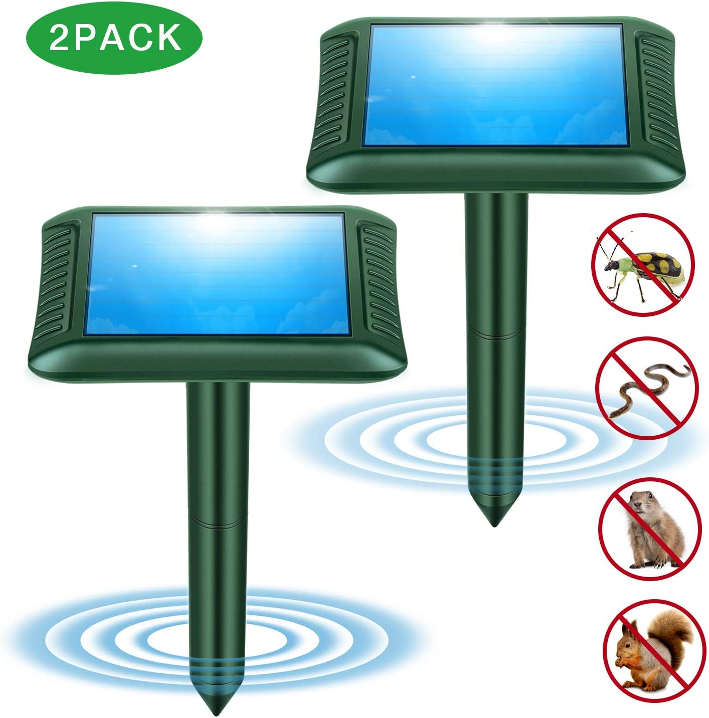 Firlar 2 Pack New 2019 Upgraded Solar Mole Repellent for Snake Ultrasonic Vibrating Rodent Repeller Vole Chaser Pest Deterrent for Outdoor Lawn Garden Yards (Green)