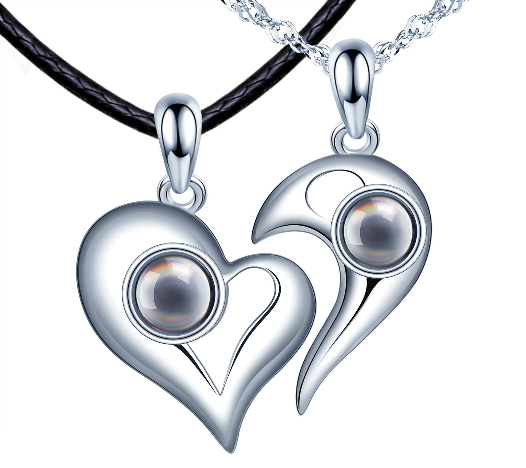 CPSLOVE Couple Asymmetrical Heart Necklace, couple's 999 sterling silver Pendant, women's necklace, men's necklace, Black Nano Stone with 100 languages "I love you" projection, love necklace