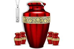 AmericUrn Set of 6 Funeral & Cremation Urn for Ashes Adult Male & Female with 1 Large Grecian Red Decorative Urn for Human Ashes Adult Man 4 Small Keepsakes & 1 NecklaceUrn Handcrafted in India