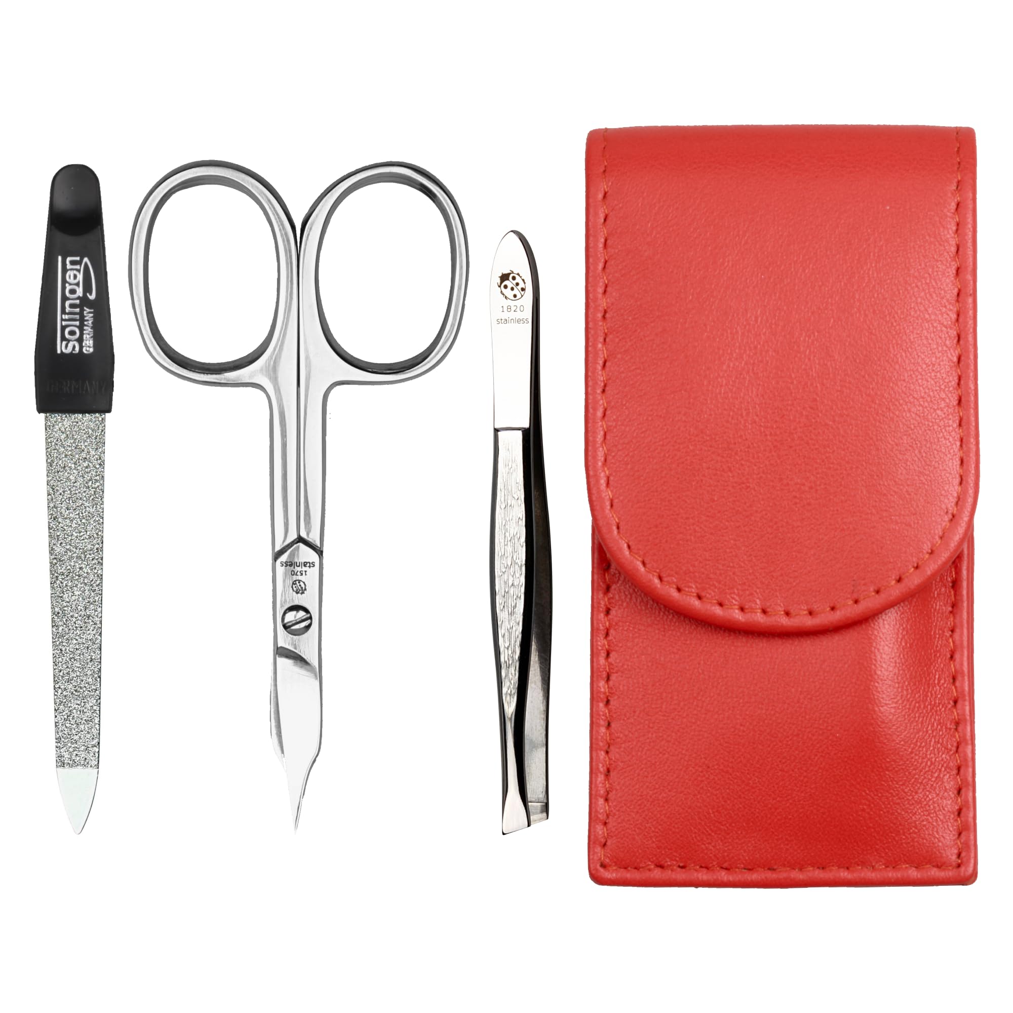 Sonnenschein by Hans Kniebes - Manicure Set 3 Pieces - Nail Scissors, Nail File and Tweezers - Pocket Manicure Nail Care Set - Nappa Lambskin Manicure Case (Orange)