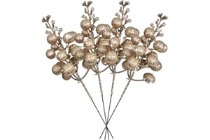 ZEBMOON 36Pcs Champagne Christmas Glitter Berries Stems, 7.5 Inch Artificial Christmas Picks, Glitter Berry Branches, Berry Holly Picks Stems for Christmas Tree Ornaments, DIY Xmas Wreath Party Home Decor