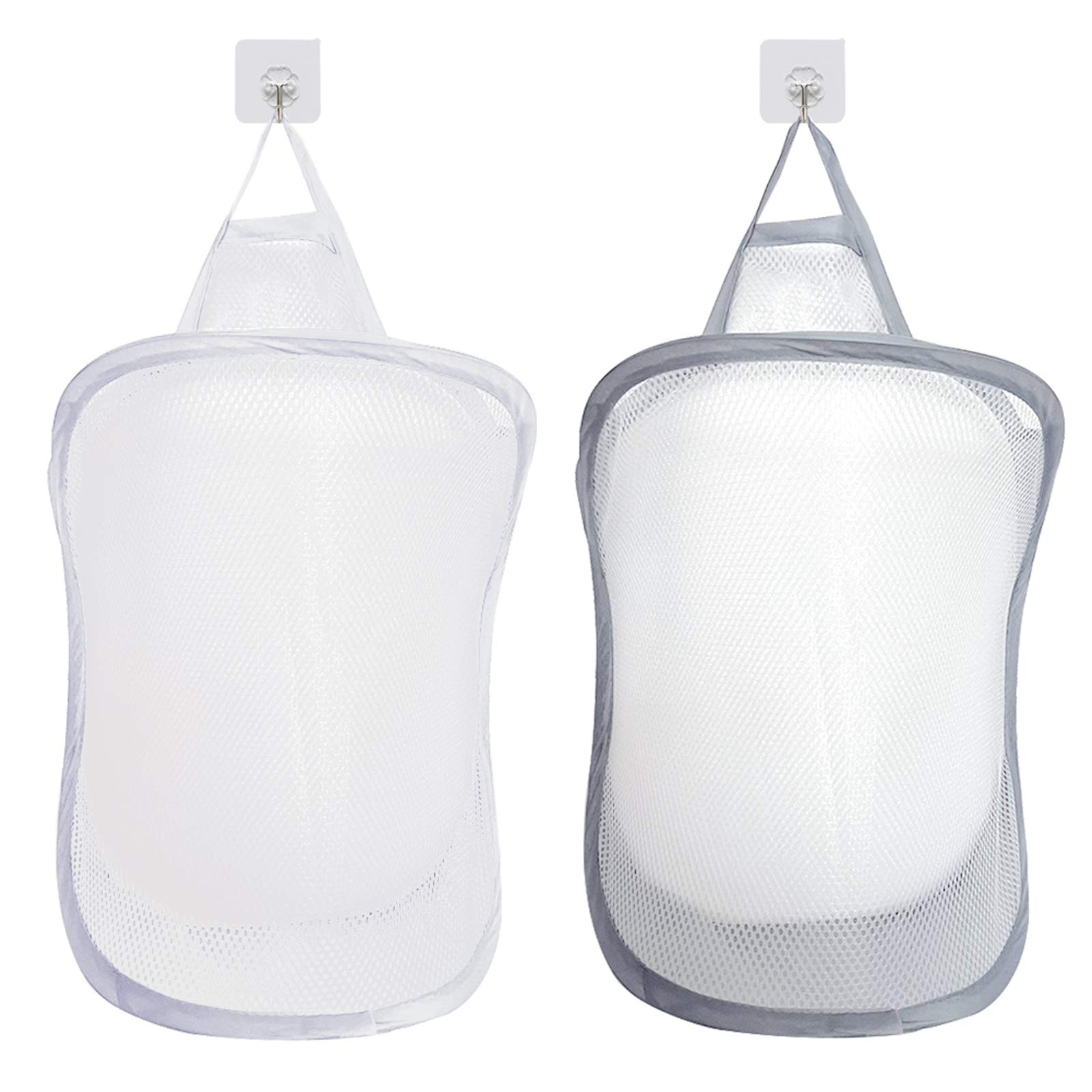 Mesh Laundry Baskets, 2pcs Pop Up Laundry Storage Basket Collapsible Washing Bag Hanging Toy Tidy Organizer with Handle (Grey and White)