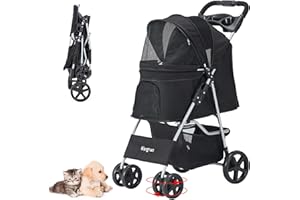 LPOTIUS Pet Stroller for Medium Small Dogs and Cats, Folding Puppy Stroller Dog Cat Cage Jogger with Cup Holder and Storage Basket, 4 Wheels, Black