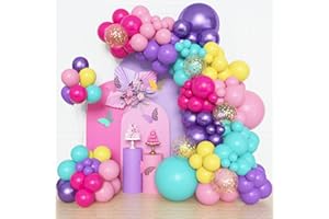 Amandir 153pcs Purple Blue Pink Balloon Garland Arch Kit, Different Sizes 18 12 10 5 inch Teal Yellow Latex Metallic Confetti Balloons for Kid Magic Baby Shower Birthday Engagement Party Decoration