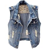Kedera Womens Denim Jean Vest Classic Junior Button Up Cropped Distressed Sleeveless Jean Jacket