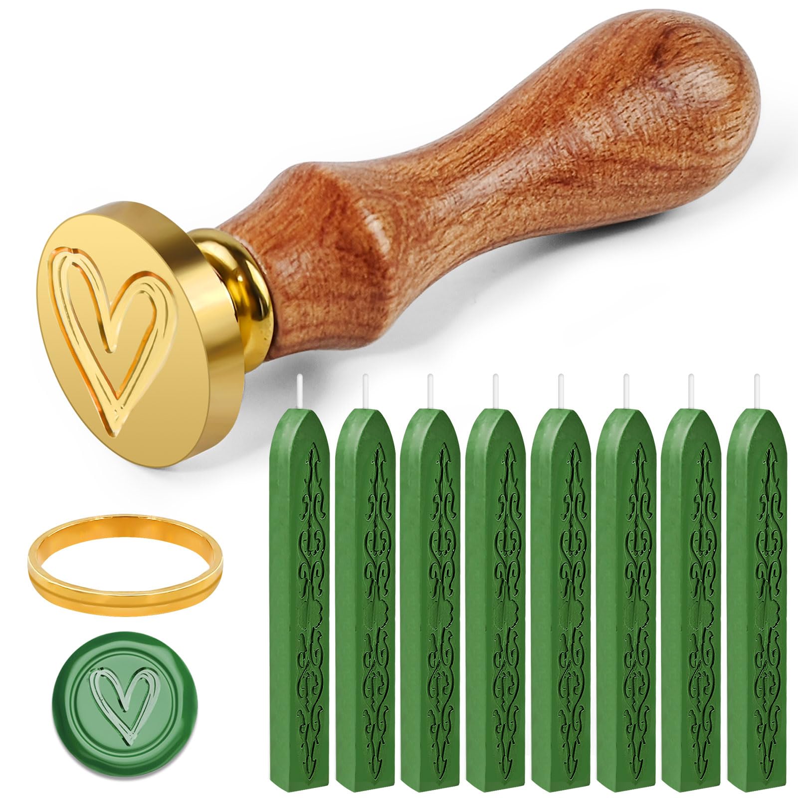 Furuising 8Pcs Wax Seal Stamp Kit, Green Sealing Wax Sticks with Wicks Kit with Heart Stamp, Metal Molds for Wedding, Cards Envelopes, Gift Packages