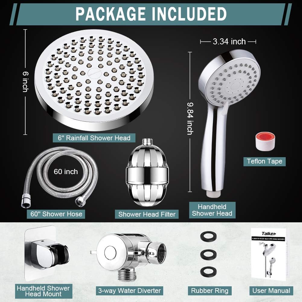Filtered Shower Head, High Pressure Rainfall Shower Head/Handheld Shower Filter Combo, Luxury Modern Chrome Plated with 60'' Hose Anti-leak with Holder - - 