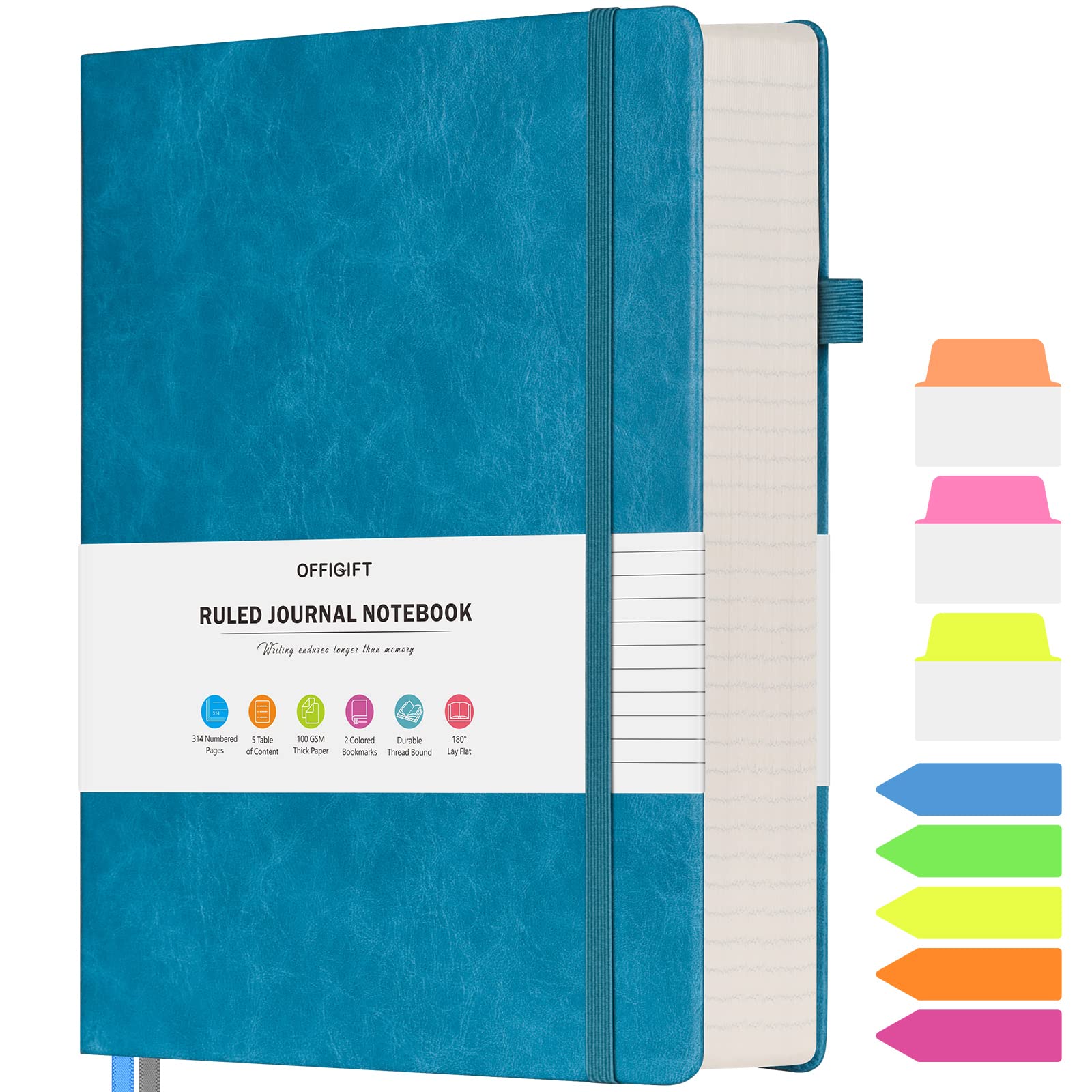 OFFIGIFT Lined Journal Notebook, Large A5 Hardcover Leather Journal, 312 Numbered Pages Work Notebook, 100gsm No Bleed Paper, College Ruled Notebook for Women Men School Office, Blue