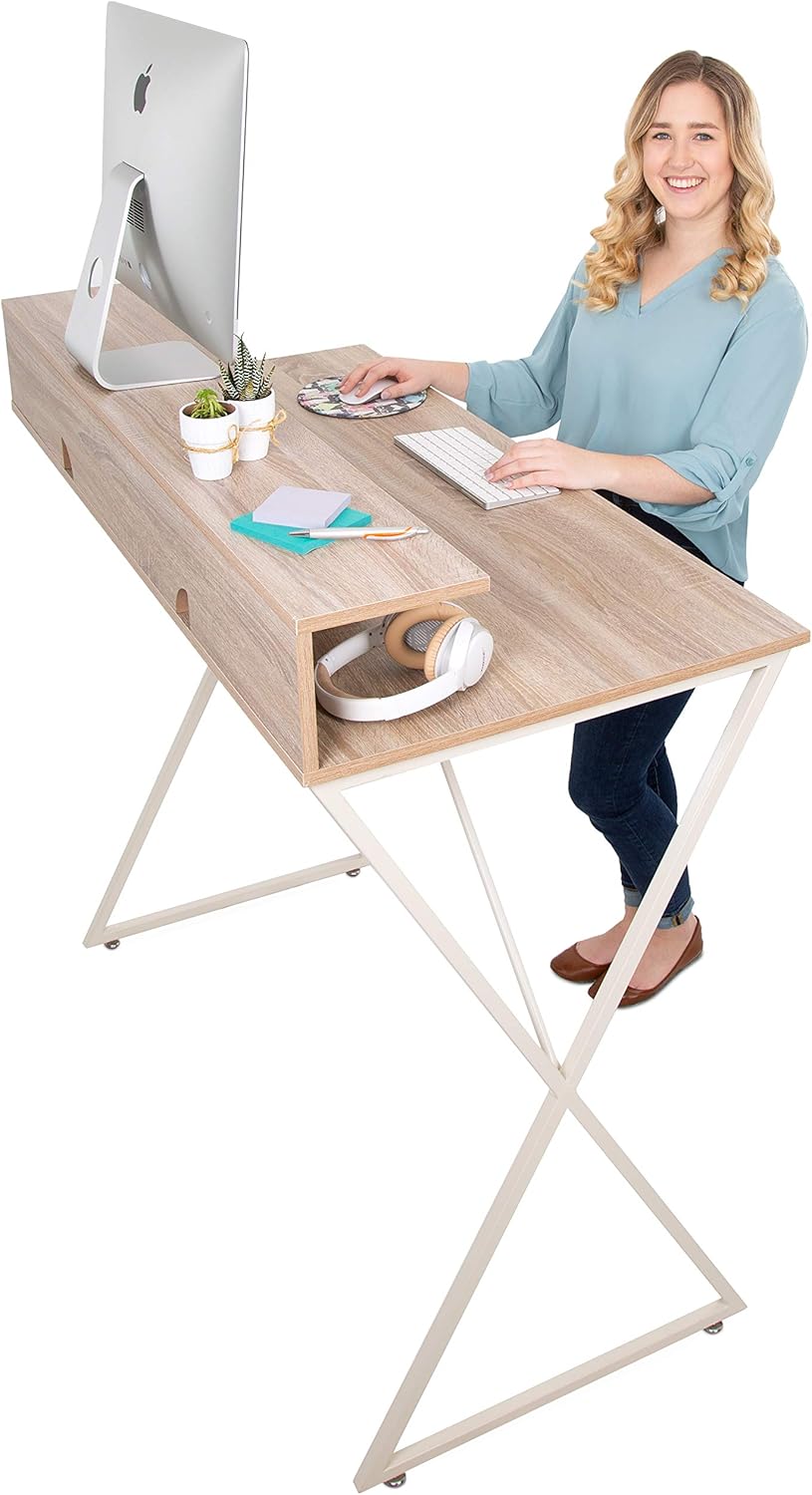 Stand Steady Joy Desk | Modern Stand Up Workstation with Storage Cubbies | Pretty Standing Desk with Large Desktop | Multifunctional Table for Home & Office (Maple / 48 x 42): Office Products
