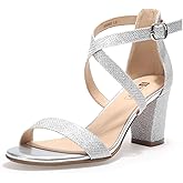 IDIFU Women's IN3 Grace Strappy Block Heels Sandals Comfy Open Toe Chunky Dress Wedding Shoes with Adjustable Cross Strap