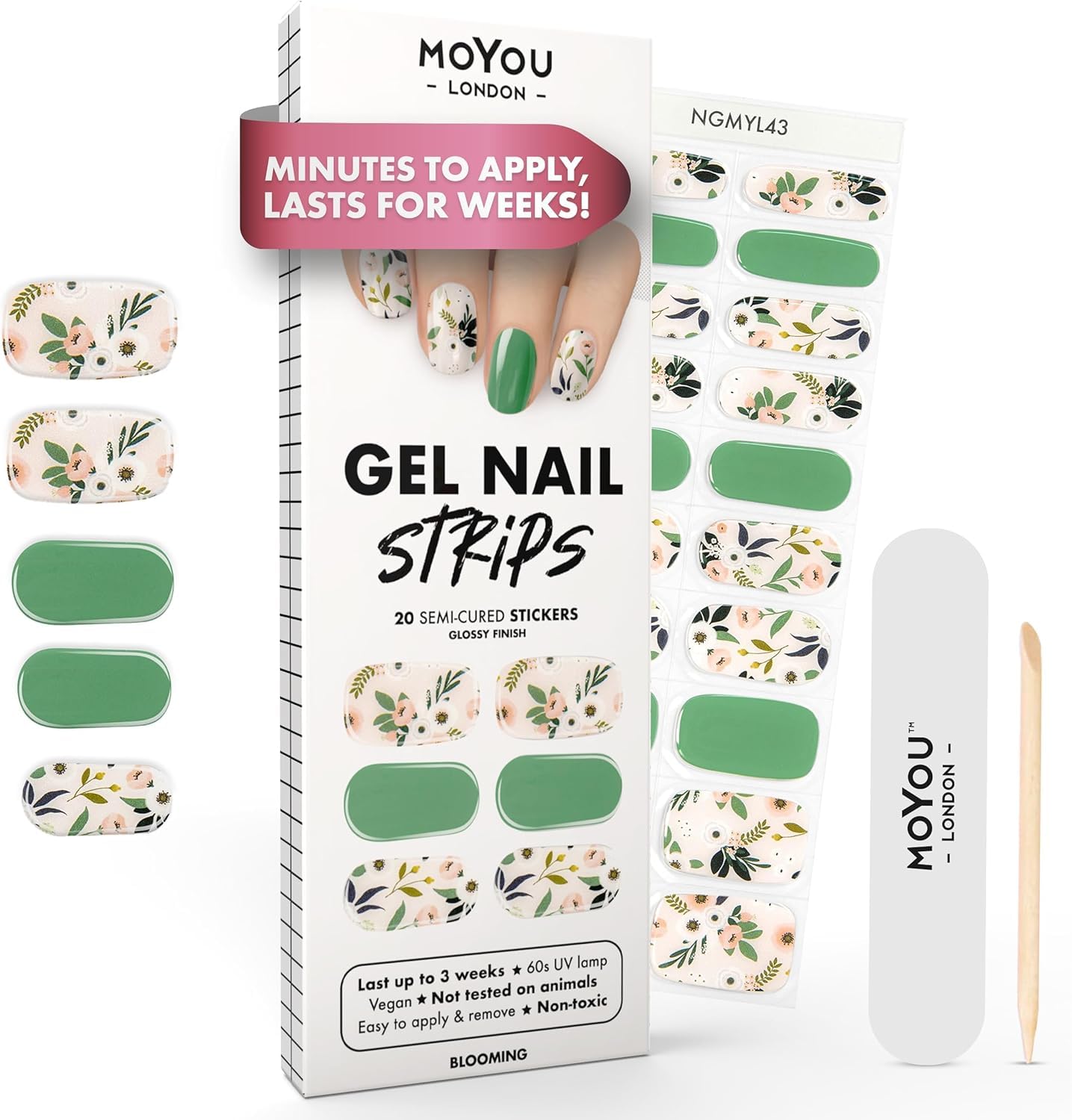 MOYOU LONDON Semi Cured Gel Nail Strips - 20 Pcs. Waterproof Gel Nail Wraps, Cures in Sunlight or UV/LED Lamp, Lasts Up to 2+ Weeks, Stretchable, Easy to Apply & Remove, Vegan & Cruelty-Free