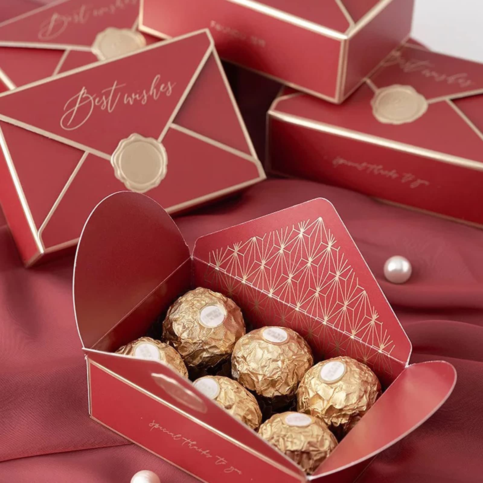 WMLBK 25Pcs Gift Boxes, Envelope Shape Candy Boxes, Creative Decorative Gift Boxes for Festival Gift Packaging, Wedding Baby Shower Birthday Party Favour Candy Boxes (Red)