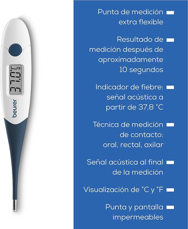 FT 17 termómetro clínico digital, termómetro con punta de medición flexible para la medición oral, rectal y axilar, resultado en 10 s, indicador de fiebre, para bebés, niños y adultos, blanco