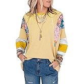 EVALESS Boho Tops for Women Dressy Casual Spring 3/4 Length Sleeve Crewneck Patchwork Striped Oversized Blouses Shirts
