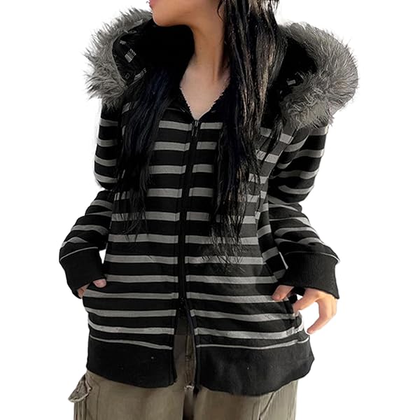 Y2K 平成 fur down 00s Ponitrack Unisex Zip Up Hoodie Men Fur Hood Jacket Grunge