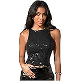 SweatyRocks Women's Sparkle Sequin Cropped Tank Top Crew Neck Sleeveless Fitted Rave Party Tops