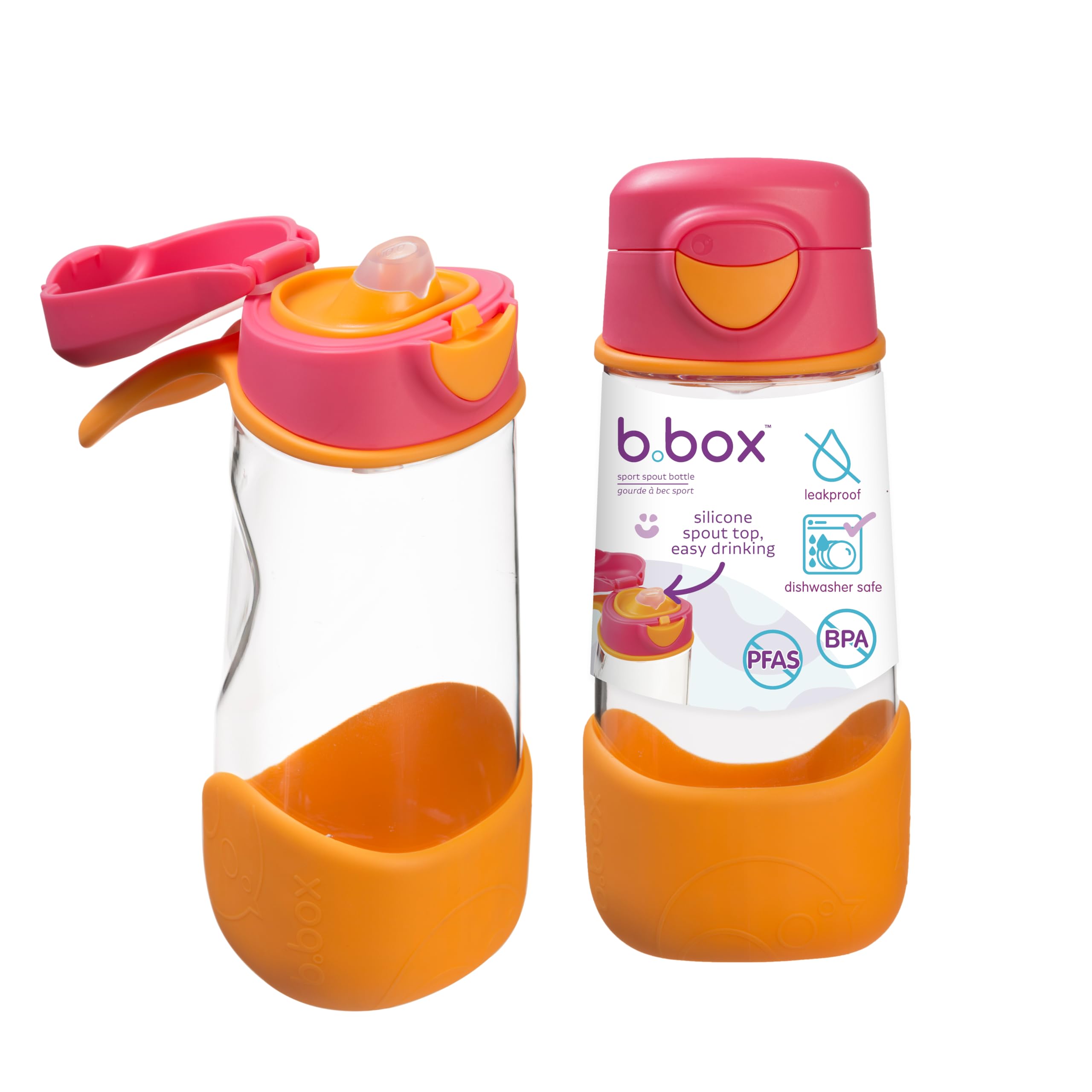 b.Box Sports Water and Drink Bottle with Spout - Easy Grip Bottle and Leakproof Lid - Cool Modern Kid-Friendly Design - Tilt & Sip - 450ml