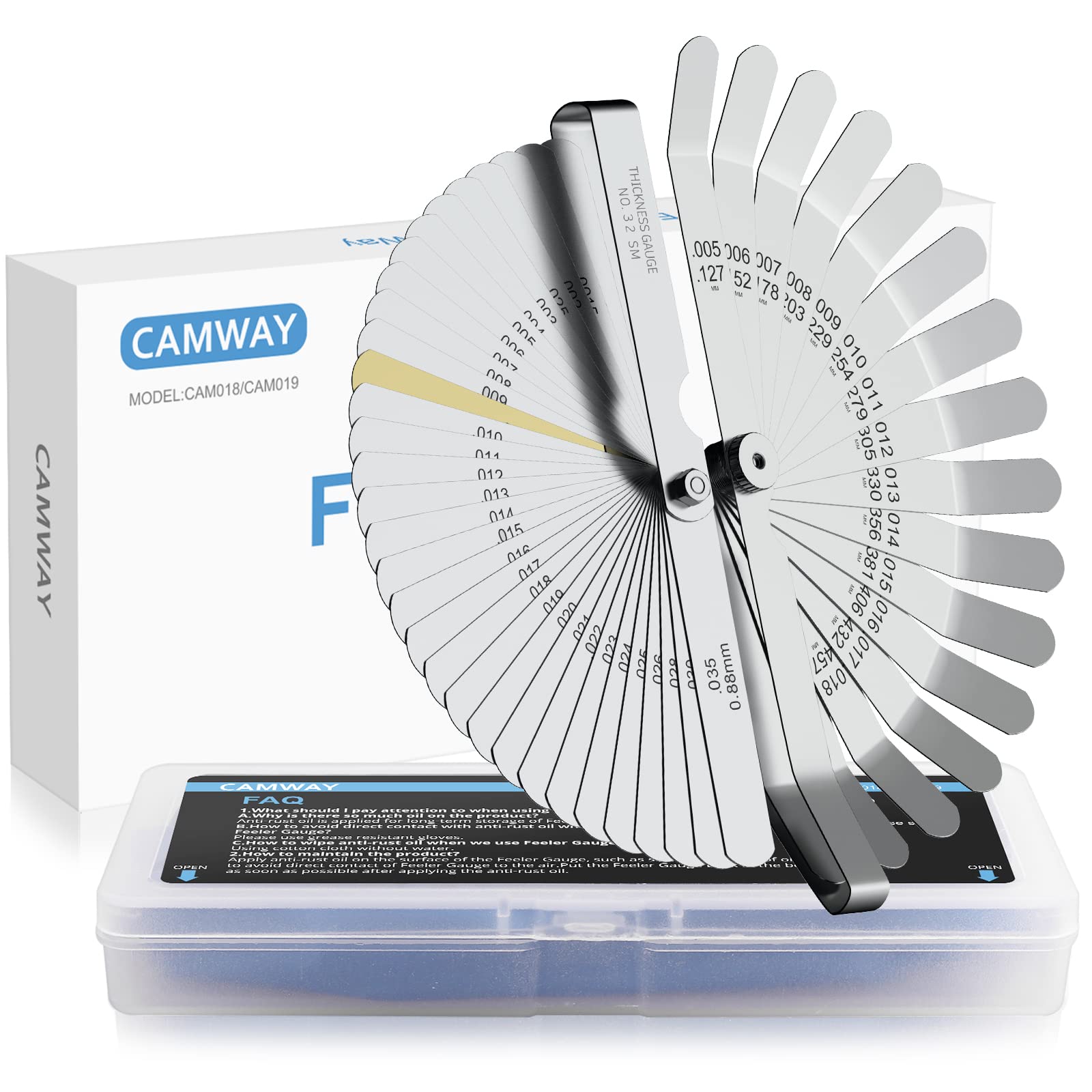 CAMWAY Feeler Gauge Set 16Pcs Blades Stainless Steel Feeler Gauge and 32Pcs Blades Steel Feeler Gauge