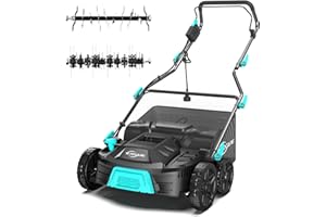 YARDCARE 16‑Inch 15Amp 2‑in‑1 Electric Dethatcher & Scarifier with 5‑Position Depth Adjustment, 12 Gallon Removable Grass Collection Bag, Foldable Design, Lawn Thatcher for Yard Lawn Garden Care