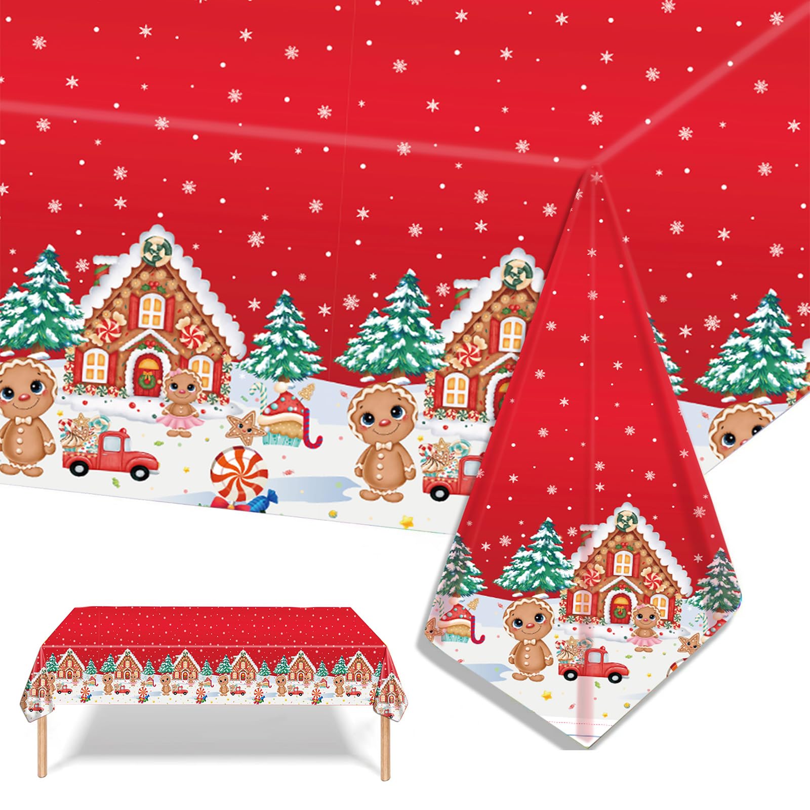 2PCS Christmas Tablecloth,137*274cm Large Red Gingerbread Man Xmas Party Table Cover,Disposable Rectangle Christmas Plastic Table Cloth for Christmas Party,Winter Holiday,Christmas Table Decorations — image 1