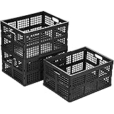 Eslite 34L Large Plastic Folding Storage Crates,Collapsible Crates for Storage,Pack of 3 (Black)
