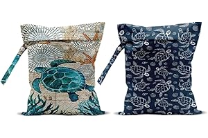 HZMLYDJ 2Pcs Turtle Wet Bags 12x10 Inch, Shells Starfish Waterproof Wet Dry Bags, Sea Weed Washable Travel Laundry Bag for Swimsuit Beach Diapers Dirty Yoga Gym Clothes, Sea Turtle Gifts for Women Friend